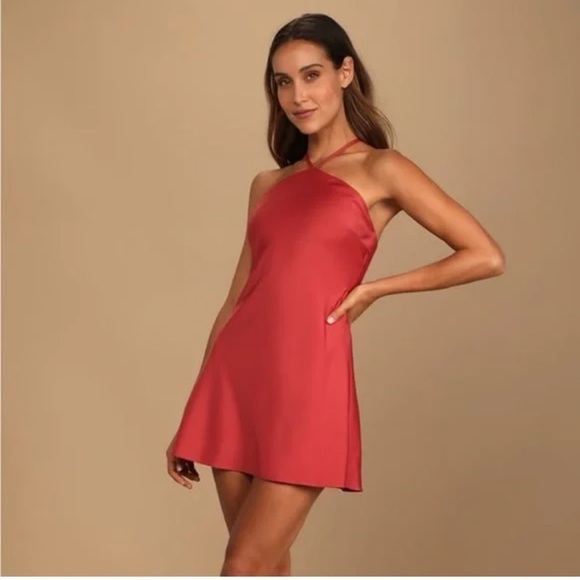 Lulus Dresses & Skirts - LULU'S Rose Red halter neck satin mini dress size L
